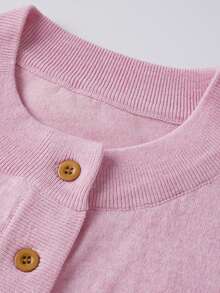 Women's Spring Knit Cardigan Stylish Solid Ribbed Trim Button Down Crew Neck Long Sleeve Sweater Jacket - Rosa - Ver 3