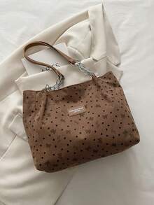 时尚大容量纯色毛绒单肩手提包，适合上学、旅行、购物、约会，女士礼物灯芯绒手提包，时尚链条单肩包，大容量毛绒手提包，书包，便携，大容量，轻便，适合青少年女孩、女性、大学生、中小学生、高中生、户外、旅行、郊游、工作、商务、通勤，饰有蝴蝶结和爱心图案 - 棕色 - 查看 5