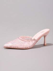 Giày cao gót hở gót ren thêu thời trang, giày dự tiệc mũi nhọn gợi cảm, sandal cao gót màu hồng thoáng khí dễ xỏ. - Hồng - Xem 19