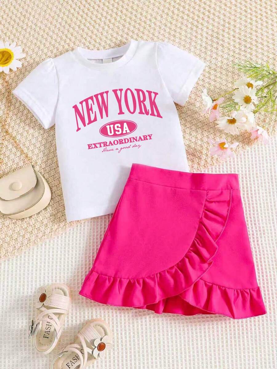 Young Girls Short Sleeve Casual Summer Letter Print T-Shirt And Ruffle Hem Skirt Set - Hot Pink - View 1