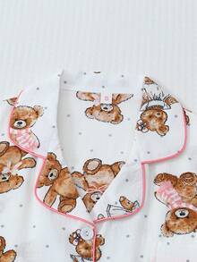 2pcs Comfy Teddy Bear Print Short Sleeve Polo Collar Top With Pocket And Bow Shorts Pajama Set For Women - White - View 3