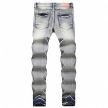 Pantalones vaqueros de PU para hombre con bordado de rasgaduras, diseño de retazos, corte ajustado elástico, estilo moderno de la calle, duraderos, cómodos y elegantes. - Gris - Ver 3