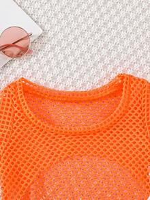 2pcs/Set Toddler Girls' Fashion Fishnet Cropped Hollow Top & Letter Print Snug Fit Slip Dress Set, Summer - Coral Orange - View 4
