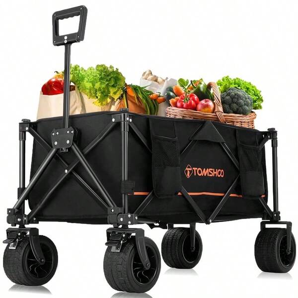 Wagons Cart 120L Collapsible Wagon 330lbs Load Universal Wheels Wagons Carts Foldable With Cup Holders, Side Pocket And Brakes For Camping, Garden, Sports, Beach, Shopping, Black