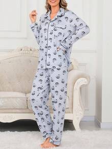 CRAYON SHINCHAN 2件套可爱蜡笔小新牛奶丝柔软亲肤卡通印花开衫长袖长裤女式睡衣套装，随机印花，春秋季 - 灰色 - 查看 4