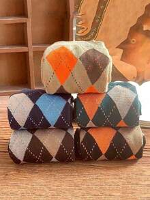 5 Pairs Fashionable Diamond Plaid Mid-Calf Socks, Vibrant Color Autumn/Winter Women Socks, Soft Comfortable Casual Socks - Multicolor - View 3