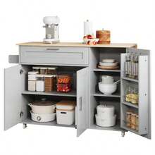 Large Mobile Kitchen Table (L 132.5 X W 44(70) X H 90 Cm), Folding Worktop, Oak Finish, Multifunctional Unit With Spice Rack And Towel Rack, 5 Casters, Ideal For The Kitchen, Dining Room Or Home. - Grey - View 7