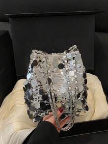 1pc Glitter Lightweight Large Capacity Women's Crossbody Bag, Fashionable Versatile Party Bucket Bag Suitable For Party, Travel, Evening Events - Silver - View 6