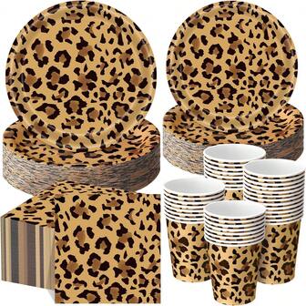 10pcs Leopard Print Paper Plates, Napkins And Cups, Brown Cheetah Pattern Birthday Tableware, Suitable For Wild Animal Leopard Themed Birthday Party Decor