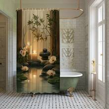 1pc Romantic Bamboo For Lotus Pattern Shower Curtain Bathtub Partition Hanging Cloth Curtain Bathroom Decoration Polyester Fabric Contains - 綠褐色 - 查看 3