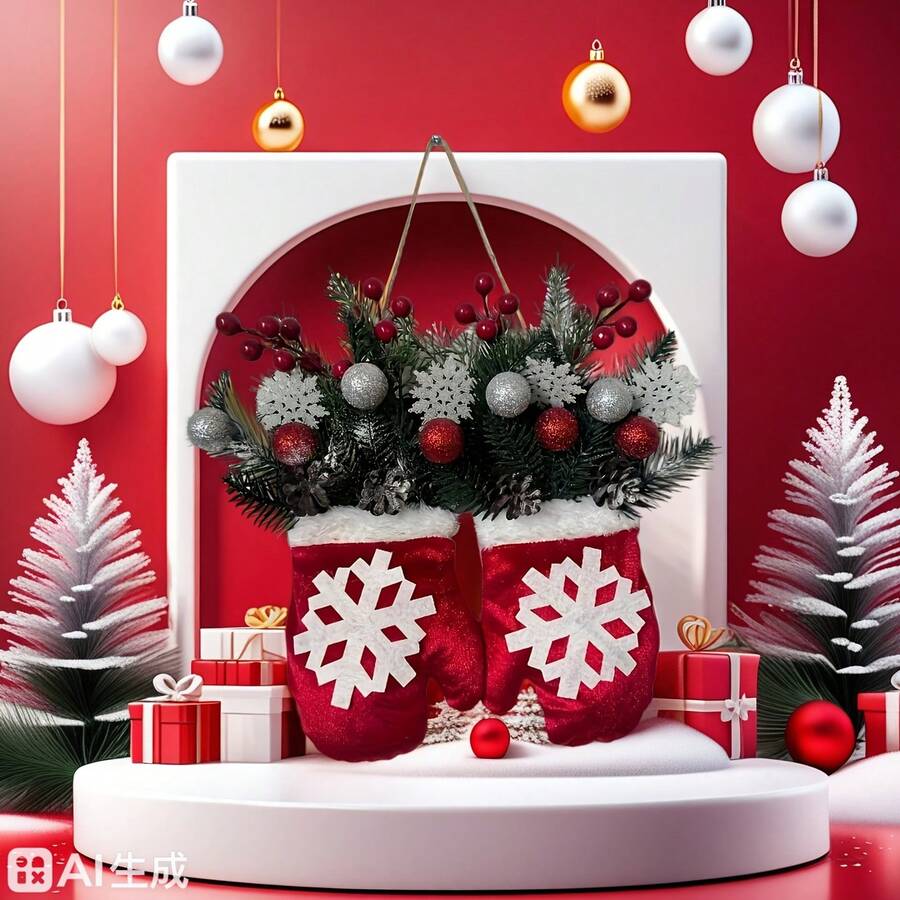 Shiny Christmas Wreath Gloves - Red - View 1