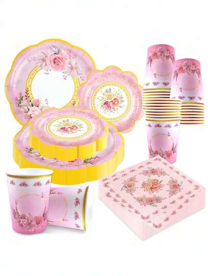 Décorations pour thé : Tasse à thé en papier fleur avec plateau, serviettes, pour mariage, anniversaire, set de plateau à pétales