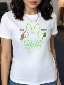 Neon Green Rabbit Silhouette With Crossed Bones Accompanied By Skeletal Hands Displaying Numbers With An Illustrated Effect. Women's T-Shirt, 100% Cotton, 220g - 白色 - 查看 8