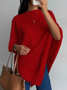 2025简约舒适披肩上衣优雅端庄春秋时尚优雅宽松针织披肩上衣女宽松版型轻薄秋季休闲旅行沙滩百搭风 - 紅色 - 查看 3
