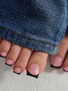 60片装短/长美甲贴纸套装，黑色和粉色法式软胶美甲贴纸组合，适合所有女性和女孩，法式美甲设计，日常佩戴美甲贴纸 - 黑色 - 查看 4