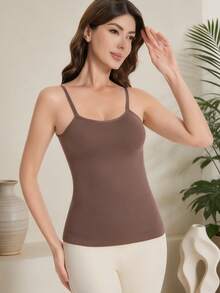 女士高弹无缝塑身吊带背心，无胸垫收腹显瘦叠穿 - 棕色 - 查看 3