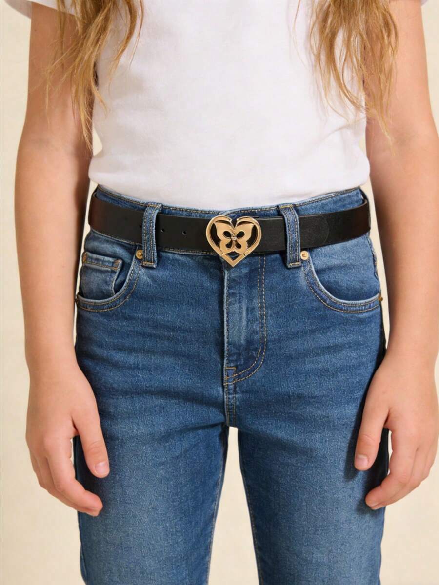 1pc Kids Belt, Girls Sweet Cute Heart & Bow Buckle Black Belt, Matching Skirts & Pants, Suitable For Party, School, Holidays, Birthday, Eid Mubarak - Black - View 1