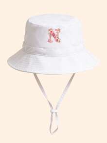 1pc Kids White & Pink Rose Letter Graphic Bucket Hat With Drawstring, Customizable 26 Letters, Can Customize Name, Birthday, Family Text, Fashionable Soft Delicate Lightweight Sun Protection, Practical Gift For Birthday And Holidays, Suitable For Boys And Girls Outdoor, Fishing, Hiking, School In Spring And Summer - White - View 23