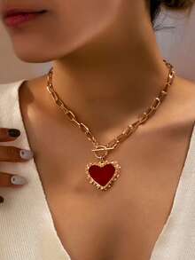 1pc Women's Pendant Necklace, Elegant Resin Inlaid Zinc Alloy Heart Shaped Pendant Necklace, Suitable For Dating And Valentine's Day Jewelry Gift