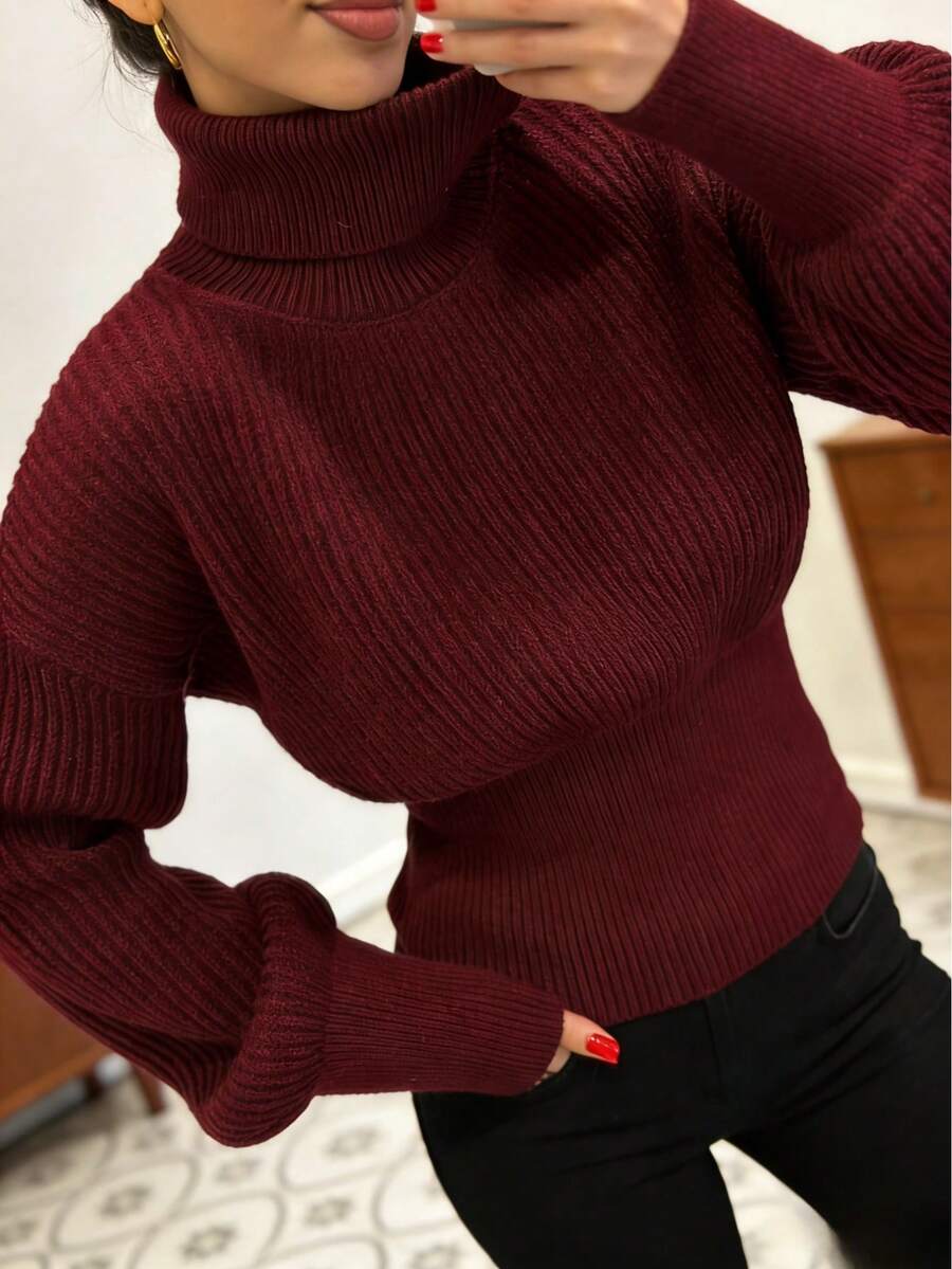 女士高领毛衣，优雅奢华纹理长袖修身套头针织衫，复古风格