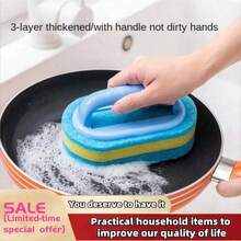 Household Cleaning Brush With Handle Sponge, High Density Thickened Dishcloth, Bathroom Toilet Wall Cleaning Brush, Bathroom Tub Tile Scrub Brush, Kitchen Bathroom Cleaning Sponge Brush, Household Cleaning Supplies - Blue 2Pcs - View 2