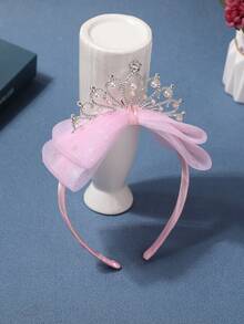 1pc Girls Fairy-Like Headband With Bowknot & Rhinestone Crown, Princess Headpiece - Pink - View 5