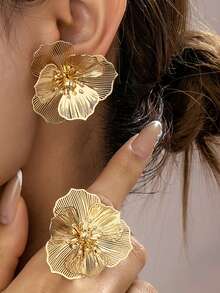 3件套金色镂空花朵耳环戒指套装，时尚优雅，适合派对、宴会和日常佩戴。 - 金黃色 - 查看 7