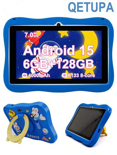 Qetupa Tableta Android de 7 pulgadas para niños de 3 a 12 años, diseño de conejo, funda protectora a prueba de golpes, procesador Octa-Core A133 de 2.0GHz, 6GB RAM + 128GB ROM (admite almacenamiento ampliable de 1TB), pantalla táctil IPS de 1024*600, cámara dual de 0.5MP + 2.0MP, batería de 4000mAh, Bluetooth, WiFi 802.11b 2.4G, regalo ideal para Navidad, cumpleaños y fiestas (adaptador no incluido)