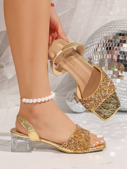 1 Pair Summer Gold Rhinestone Square Toe Block Heel Sandals, Transparent Heel Ankle Strap Dress Shoes For Women Party And Wedding