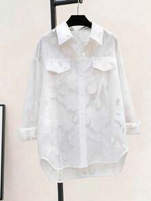 Women's Casual Sheer Chiffon Jacquard Turndown Collar Long Sleeve Loose Lightweight Sun Protection Cover Up