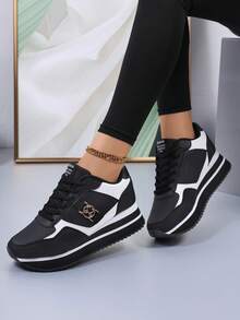 1 Par De Tênis Casuais Femininos, Estampa Geométrica, Sola Plataforma Grossa, Cadarço, Estilo Esportivo E Casual Em Pu, Adequados Para Uso Casual, Esportes, Escritório E Todas As Estações. - Preto - Ver 2