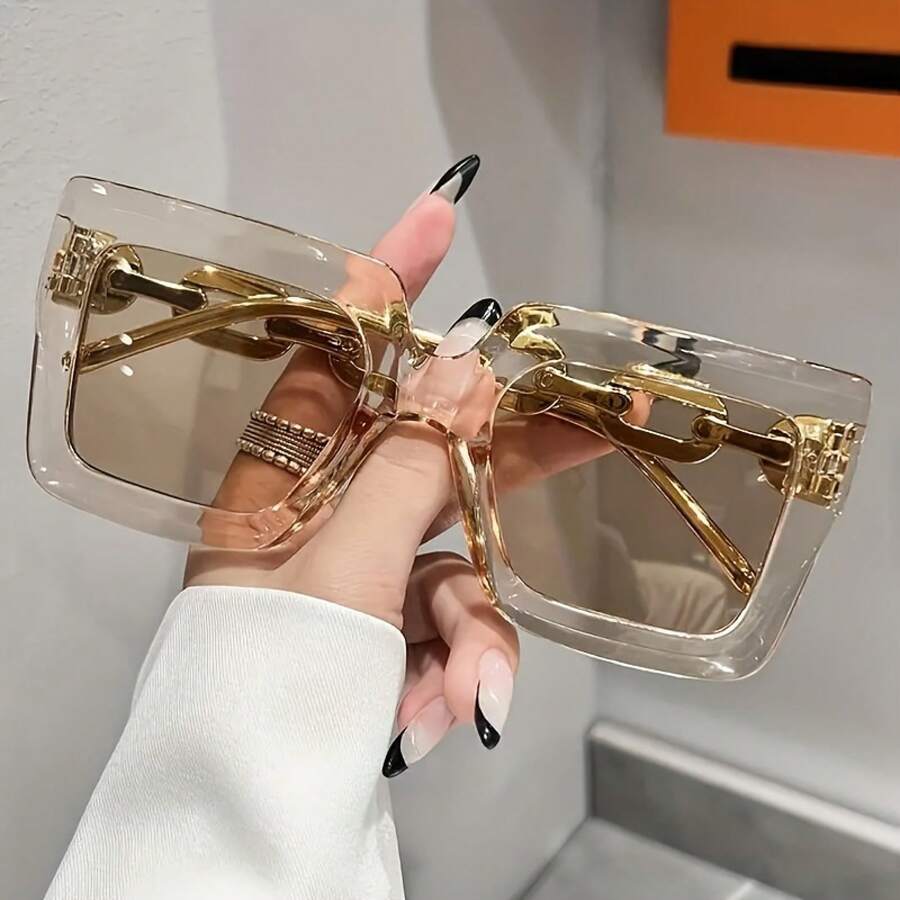 Travel Essential, Women's Luxurious Large Frame Square Fashion Glasses - Candy Colors, Anti-Gold Embellishments, Suitable Driving, Parties, And Other Occasions NPU2 - 黑色 - 查看 1
