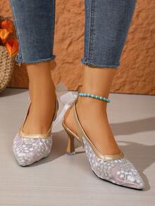 Women's Lace Patchwork Silver & Gold High Heel Shoes, Lace Embroidery Pointed Toe Sexy Stilettos, Hollow Out Breathable Evening Party Pumps - Gold - View 4