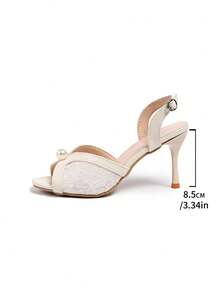 Lace Faux Pearl Open Toe Sandals, Banquet Strap Mid-High Heels, Bridal Wedding Shoes - Beige - View 6