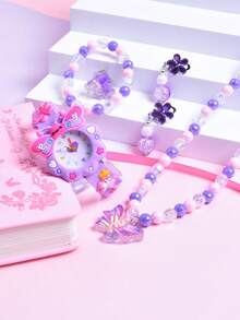 6pcs/Set 2026 New Soft Silicone Strap Watch, Creative Butterfly Pattern Quartz Wristwatch, Butterfly Necklace Bracelet Earrings Ring Jewelry Set, Gift For Girls - Purple - View 7