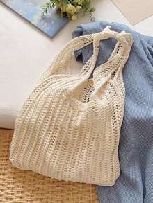 Yogodlns 时尚钩编包，女士夏季沙滩手提包，时尚手提包，波西米亚风编织单肩包，镂空针织单肩包，腋下包，大容量钩编包，购物手提包，休闲沙滩包，通勤包 - 米色 - 查看 5
