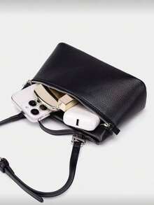 New Versatile Women's Bag, Lunch Box Bag, Handbag, Shoulder And Crossbody Bag, Simple And Fashionable Solid Black Crocodile Pattern Fabric Box-Shaped Bag With Smooth Hardware Zipper Closure, Top Single Handle, Adjustable Long Shoulder Strap Design For Single Shoulder, Crossbody Or Handheld Use, Interior Can Hold Lipstick, Keys, Cosmetics And Other Daily Items, Suitable For Women For Commuting, Going Out Shopping, Dating, And Everyday Occasions - Black - View 4