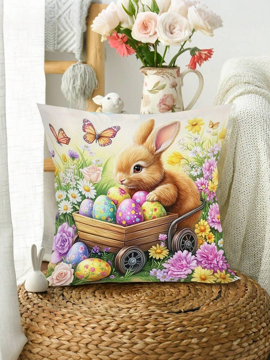 1pc Easter Bunny Pillowcase, 18 * 18inch Rabbit Flower & Eggs Pattern Festive Throw Pillow Cover, Polyester Farmhouse Style Cushion Cover Perfect For Couch Sofa Living Room Bedroom Home Decor, Easter Decor Without Pillow Inserts, Spring Theme Party Supplies