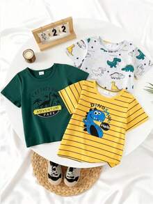 3pcs Boys' Dinosaur Print T-Shirts - Short Sleeve Summer Outfit, Featuring Dinosaur Graphic Design, Crew Neck Casual Tees, Suitable For Birthday Party Celebration, Regular Fit, Fits Children Aged 4-7 Years, Spring/Summer Outdoor Series - Multicolor - View 1