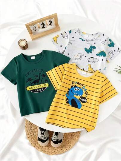 3pcs Boys' Dinosaur Print T-Shirts - Short Sleeve Summer Outfit, Featuring Dinosaur Graphic Design, Crew Neck Casual Tees, Suitable For Birthday Party Celebration, Regular Fit, Fits Children Aged 4-7 Years, Spring/Summer Outdoor Series