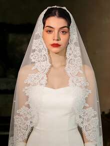 1件复古飘逸新娘头纱，蕾丝睫毛和人造珍珠婚礼摄影头饰，单层婚纱配饰，情人节配饰 - 白色 - 查看 3