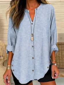 Camicetta donna con stampa a righe azzurra chiara, con bottoni, casual e versatile, scollo a V, maniche arrotolate, adatta per l'ufficio e l'uso quotidiano, primavera/estate - Blu - Visualizzare 9