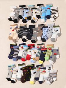 10 Pairs Baby & Toddler Crew Socks, Cartoon Car/Rocket Pattern, Striped/Star Mixed Pattern, Contrast Heel/Toe, Soft Cotton Knit, Breathable Elastic Fit, Fun Socks Set For Baby Boys - Multicolor - View 2