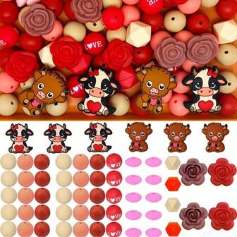 Valentine's Day 59-Pack Silicone Beads Set With Love Cow & Rose Motifs For DIY Jewelry, Keychains, And Crafts - Ideal For Pen Beads & Handmade Gifts