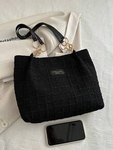 Fashion Striped Handbag - Women's Large Capacity Shoulder Bag - Zipper Tote Bag For Daily Use - Metal Chain Strap Tote Bag - Black - View 7