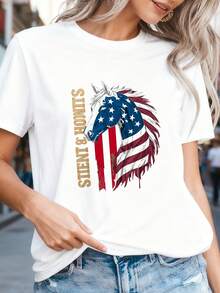 100% Cotton Patriotic Horse American Flag - Horse-4 - 白色5 - 查看 2