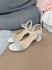 新款水钻闪亮蝴蝶结细高跟凉鞋，适合青少年及各种场合 - 白色 - 查看 6