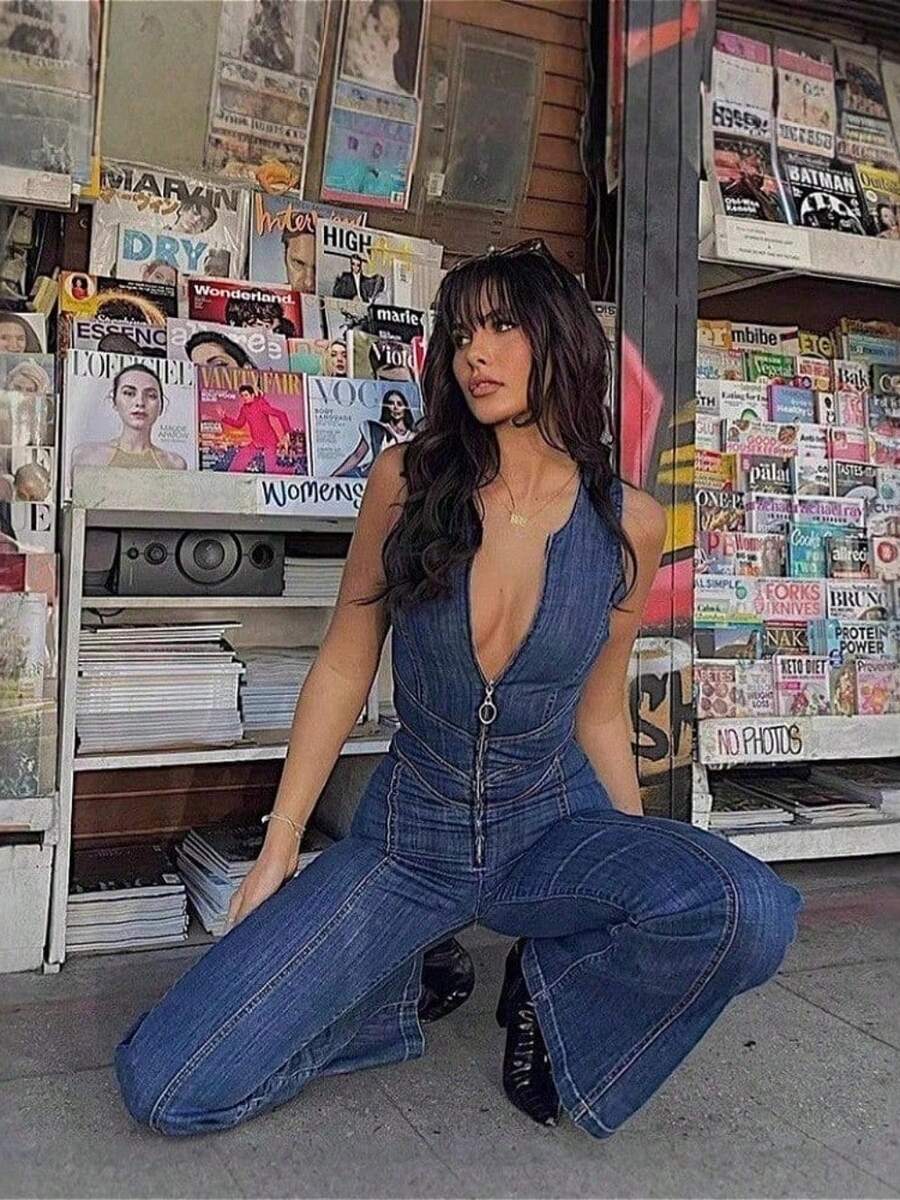 Backless Heart Cutout Jumpsuit For Women Summer Blue Sleeveless Slim One-Piece Outfits Retro Denim Jumpsuits - Màu xanh lam - Xem 1