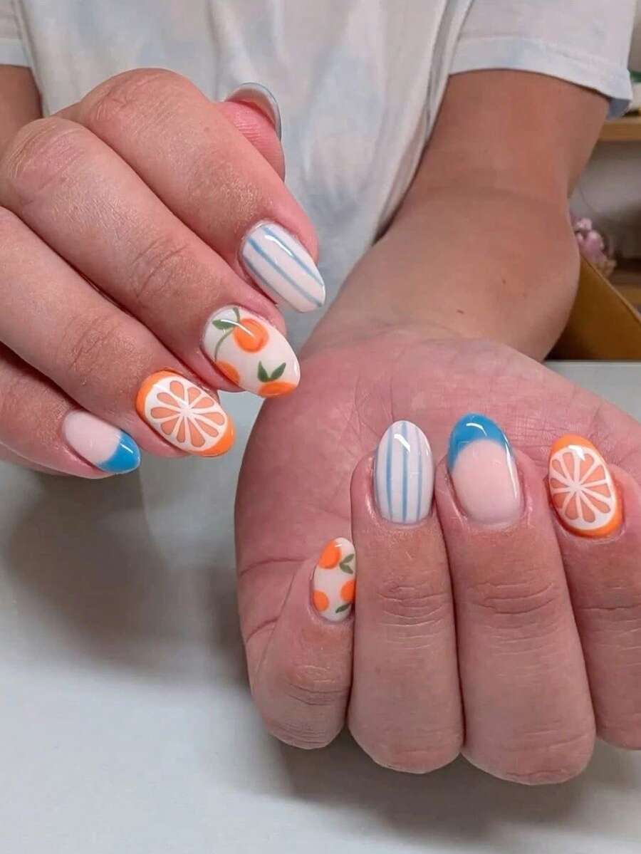 24pcs Oval Nail Stickers Set - Blue French, Orange, Lemon Yellow, Blue Striped Patterns. Oval Shaped Artificial Nails. This Full Adhesive Fake Nails Suit Women And Young Girls. Nail Art Designs Suitable For All Seasons (Spring, Summer, Autumn, Winter), Fit For Party, Date And Daily Office Occasions. Nail Care Products, Nail Art, Acrylic Nail Kit