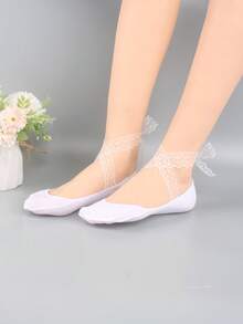 1 đôi tất nữ buộc dây ruy băng, kiểu dáng nông, mỏng, chống trơn trượt, thoáng khí, thấm hút mồ hôi, không lộ tất. - trắng - Xem 8